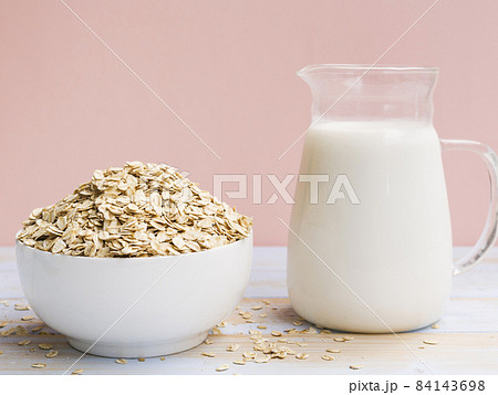 breakfast with oatmeal bowl milk. High quality beautiful photo concept breakfast with oatmeal bowl milk. High quality beautiful photo concept 84143698