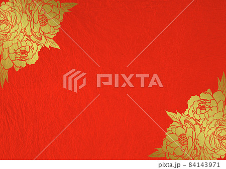朱色地に金箔牡丹フレームの背景 84143971