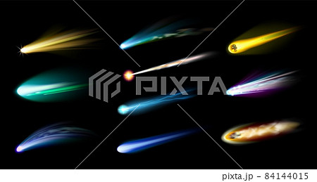 Realistic shooting star. 3D falling meteor trails. Comets flares. Fireball light. Meteorite burning atmosphere. Asteroid trace templates. Galactic elements. Vector cosmos twinkles set Realistic shooting star. 3D falling meteor trails. Comets flares. Fireball light. Meteorite burning atmosphere. Asteroid trace templates. Galactic elements. Vector cosmos twinkles set 84144015