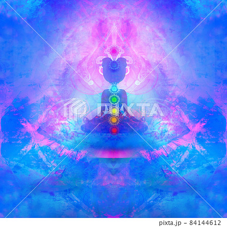 Yoga lotus pose. Padmasana with colored chakra points. 84144612