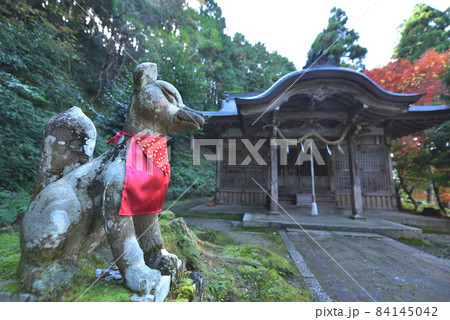 秋の有子山稲荷神社　狐の石像と本殿 84145042