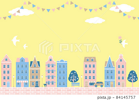 カラフルな家や店が立ち並ぶ街のイラストの背景素材のイラスト素材