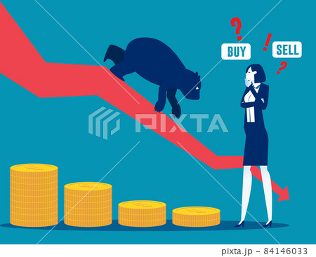 Business character thinking buy or sell currency during bear market. Trader searching wise financial solution for money 84146033