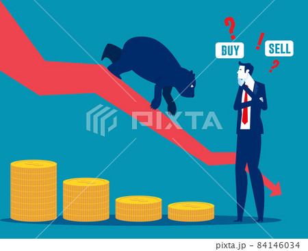 Business character thinking buy or sell currency during bear market. Trader searching wise financial solution for money Business character thinking buy or sell currency during bear market. Trader searching wise financial solution for money 84146034
