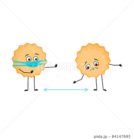 Cute milk cookie character with sad emotions, face and mask keep distance, arms and legs. Baking person, biscuit with depression expression. Vector flat illustration 84147695