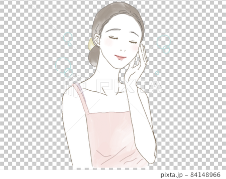 一個女人閉上眼睛用一隻手撫摸她的臉頰 84148966