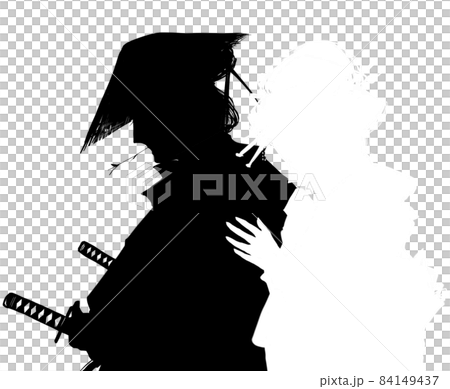 一個擁抱悲傷的年輕武士和一個悲傷的江戶小鎮女孩的剪影 84149437