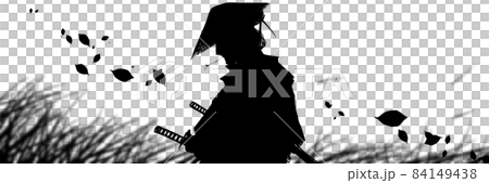 草を噛んで笠をかぶった悲しげな若侍のモノクロシルエットと木枯らしがら吹く背景画 84149438