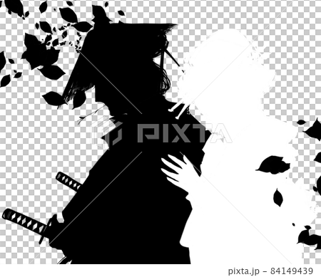 一個擁抱悲傷的年輕武士和一個悲傷的江戶小鎮女孩的剪影 84149439