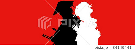 別れを悲しむ江戸の町娘と悲しげな若侍の抱擁するシルエット  別れを悲しむ江戸の町娘と悲しげな若侍の抱擁するシルエット  84149441