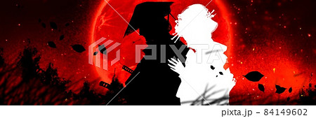 別れを悲しむ江戸の町娘と悲しげな若侍の抱擁するシルエットと怪しい満月のイラスト  84149602