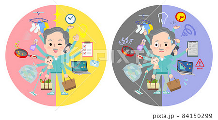オフィスとプライベートでマルチタスクをこなす青緑ジャージ高齢男性のセット オフィスとプライベートでマルチタスクをこなす青緑ジャージ高齢男性のセット 84150299