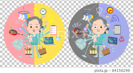 オフィスとプライベートでマルチタスクをこなす青緑ジャージ高齢男性のセット オフィスとプライベートでマルチタスクをこなす青緑ジャージ高齢男性のセット 84150299