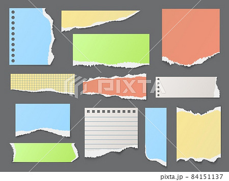 Color ripped paper strips. Realistic torn pieces of notepad pages, different layering of empty blank sheets, ragged shreds, uneven edges. Memo notes fragments vector isolated set 84151137