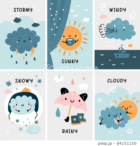 Cute baby weather cards. Childish educational posters with different seasons, phenomenon themes. Stormy and sunny, rainy and snowy, windy and cloudy vector cartoon flat isolated set 84151150