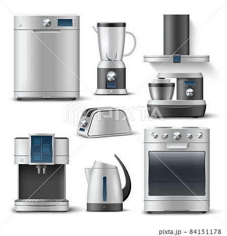 3D kitchen appliances. Realistic household equipment. Steel home electronics. Dishwasher and washing machine. Electric kettle and cooker with hood. Vector food preparing technics set 84151178