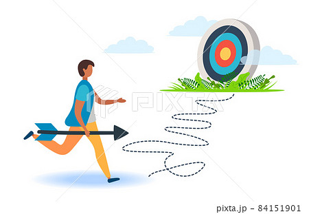 A man with an arrow is running towards his goal along a winding road, motivation is advancing, the path to achieving the goal is high, through clouds or stairs, steps of achievement, steps 84151901