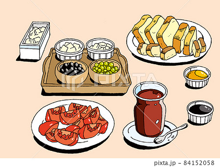 【世界の朝ごはん】トルコの朝食イラスト【チャイ・パン・トマト・オリーブ・チーズ】 84152058