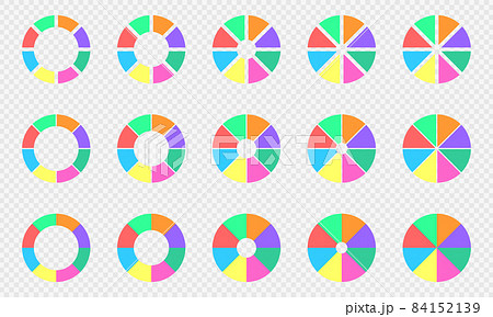 Pie and donut charts set. Circle diagrams divided in 8 sections of different colors. Balance wheels of life. Round shapes cut in eight parts  84152139