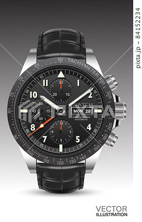 Realistic watch clock chronograph silver black red arrow white number text leather strap on grey background design classic luxury for men vector 84152234