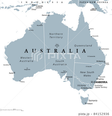 Australia, gray political map, with capital Canberra, internal administrative boundaries, and most important cities. Officially the Commonwealth of Australia, a sovereign country. Illustration. Vector 84152936