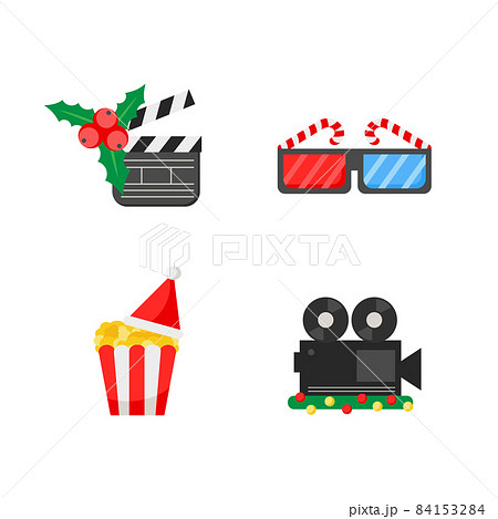 Christmas cinema. Set of Christmas icons - movie theme. Colored cartoon design Christmas cinema. Set of Christmas icons - movie theme. Colored cartoon design 84153284