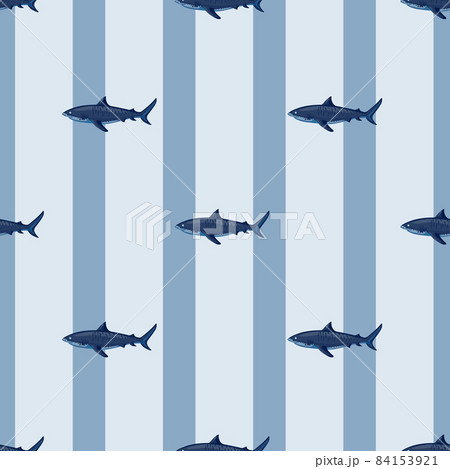 Seamless pattern Tiger shark on striped blue background. Texture of marine fish for any purpose. Seamless pattern Tiger shark on striped blue background. Texture of marine fish for any purpose. 84153921