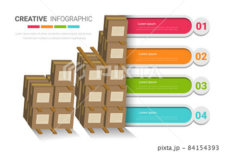 Box in Warehouse Infographics for logistic. Ready template for workflow layout, banner, number options, step up options, web design, diagram. illustration in flat Stanley 84154393