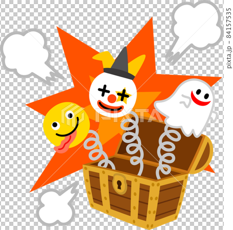 小丑和鬼魂從寶箱形狀的驚喜盒中冒出來 84157535