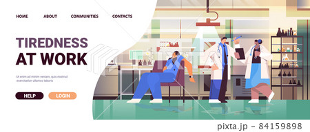 stressed overworked researcher sleeping in armchair tired upset scientist having work stress hospital lab interior 84159898