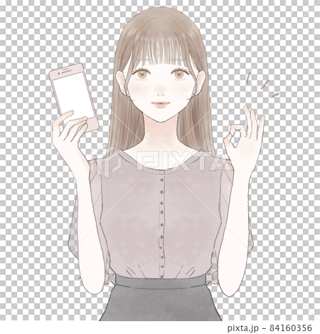 A woman holding a smartphone and giving an OK sign 84160356