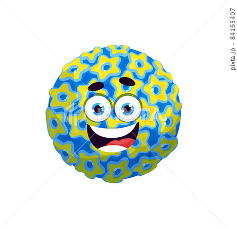 Cartoon coronavirus character with funny face. Vector corona virus, bacteria or germ cell with toothy laughing facial expression. Isolated smiling pathogen microbe monster with big eyes and pimples 84163407