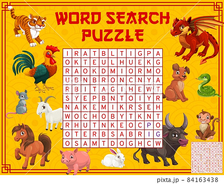 Chinese horoscope cartoon animals, word search puzzle or game worksheet, vector kids quiz. Find a word riddle game to find Chinese lunar horoscope animals or new year zodiac dragon, horse and snake 84163438