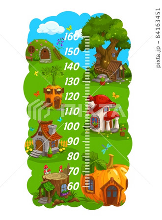 Kids height chart. Gnome, elf and wizard cartoon home dwellings. Vector growth measure meter wall sticker for children height measure with fantasy carrot, pumpkin, stump and tree houses 84163451