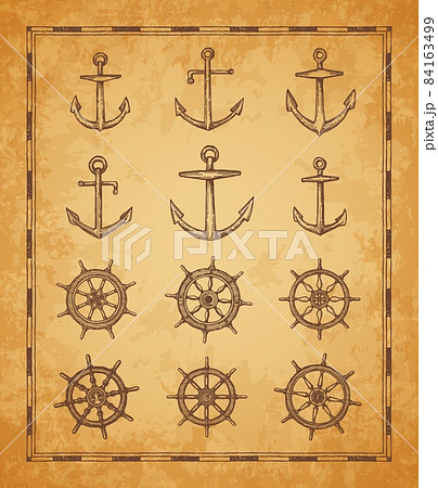 Anchor and helm sketches, vintage antique map vector elements. Old parchment paper with ancient sea ship wheels or sail boat rudders, helms and anchors, nautical navigation, pirates or marine travel 84163499