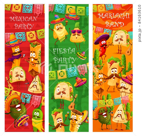 Mexican fiesta party with cartoon funny mariachi food characters. Quesadilla, tacos and enchiladas, burritos fast food meal, avocado and jalapeno pepper dancing with musical instrument personages 84163610