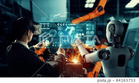 Mechanized industry robot and human worker working together in future factory Mechanized industry robot and human worker working together in future factory 84163753