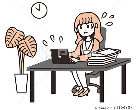遅い時間まで残業をしている女性のイラスト素材 84164307