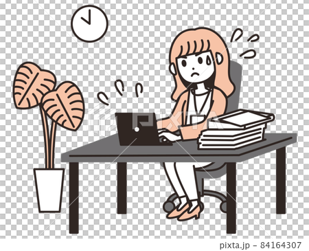 遅い時間まで残業をしている女性のイラスト素材 84164307