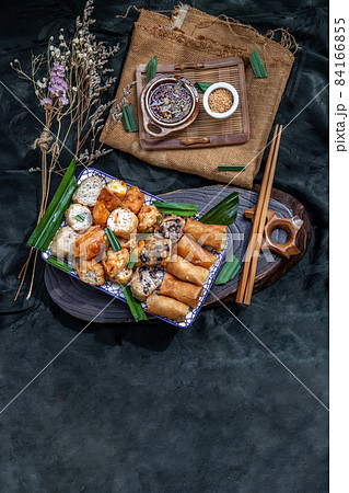 Fried taro rolls and Deep fried spring rolls, Fried tofu, Fried radish, Fried taro and black beans. 84166855