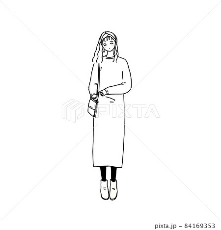 ロングスカートとヘアバンドの女性（モノクロ） 84169353