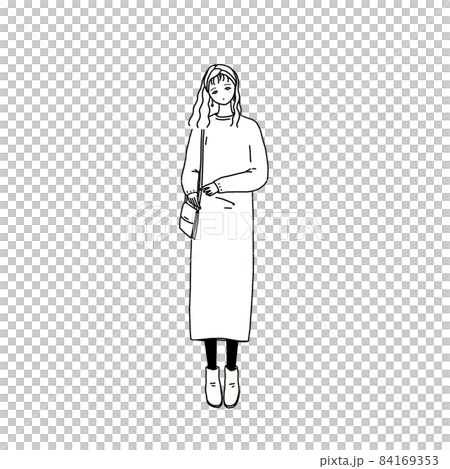 ロングスカートとヘアバンドの女性（モノクロ） 84169353