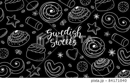 Swedish sweets black and white background with calligraphy. Bakery decor. Vector. 84171040