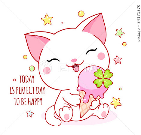 Cute yummy card in kawaii style. Lovely cat with ice cream Cute yummy card in kawaii style. Lovely cat with ice cream 84171370