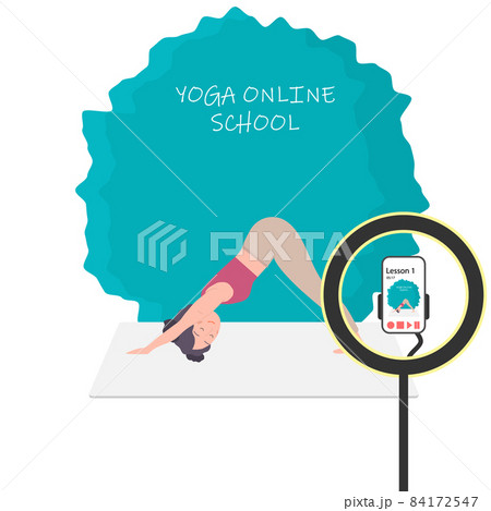Women Yoga online. A cute girl leads a live broadcast of yoga lessons in an online yoga studio school. Yoga training via the Internet. Vector illustration. Women Yoga online. A cute girl leads a live broadcast of yoga lessons in an online yoga studio school. Yoga training via the Internet. Vector illustration. 84172547