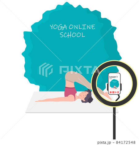 Women Yoga online. A cute girl leads a live broadcast of yoga lessons in an online yoga studio school. Yoga training via the Internet. Vector illustration. Women Yoga online. A cute girl leads a live broadcast of yoga lessons in an online yoga studio school. Yoga training via the Internet. Vector illustration. 84172548