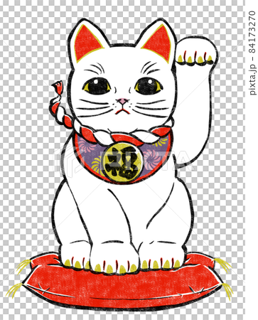 座布団に座って左前脚を挙げた無地の招き猫　版画風 84173270