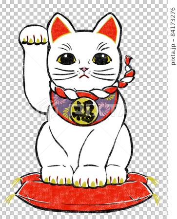 一隻普通的招手貓坐在墊子上，抬起右前腿。 84173276