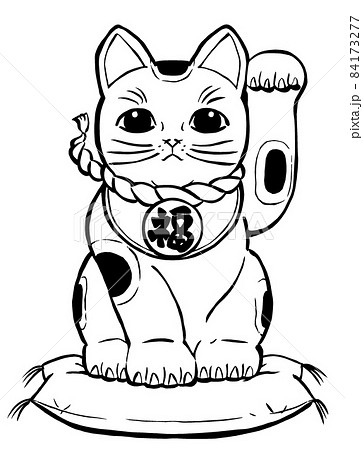 座布団に座って左前脚を挙げたブチの招き猫 筆描き・線画のイラスト