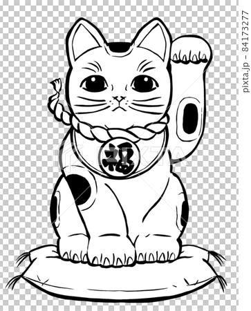 座布団に座って左前脚を挙げたブチの招き猫 筆描き・線画のイラスト